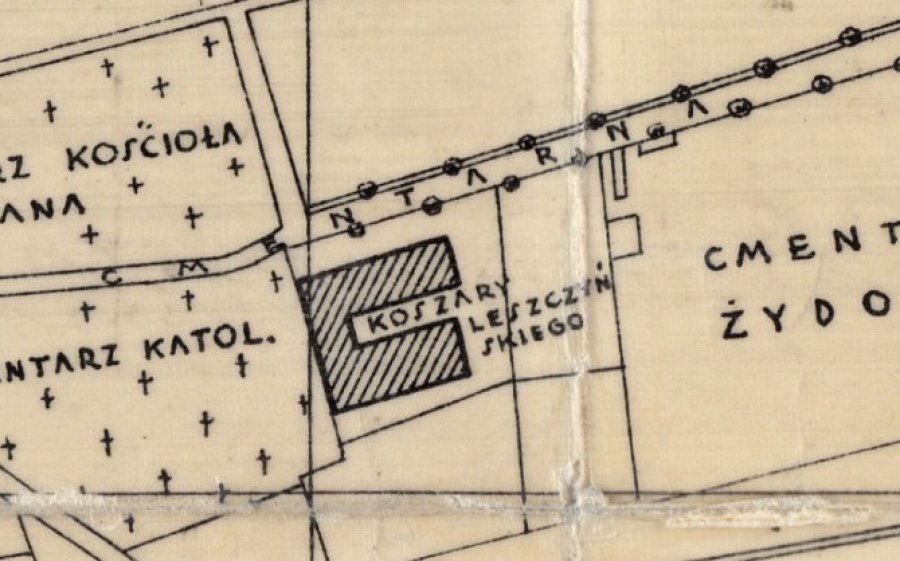 Fragment mapy z lat 30. XX w. z zaznaczoną lokalizacją starego cmentarza katolickiego źródło: Fotopolska